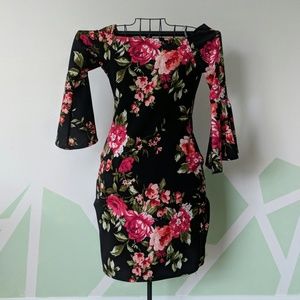 Black and Floral Off the Shoulder Bodycon Dress